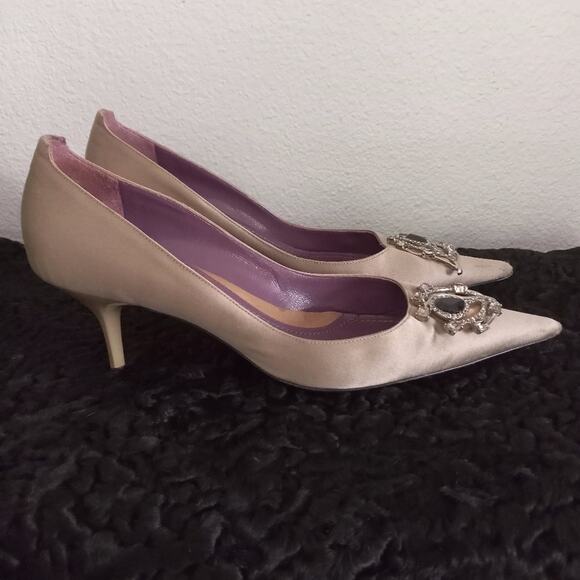 Vintage LERRE RYKIEL Pumps Swarovski SZ 39 * 8.5 Taupe Satin Heels RARE COLAB - Picture 2 of 9